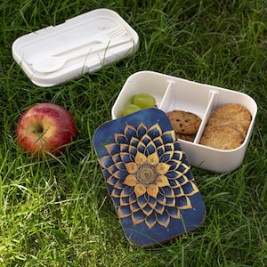Blue Gold Mandala Bento Lunch Box eco reusable wood mandala lunch box mindfulness balanced lunch container elegant bento box gift for her