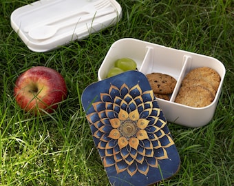 Lonchera Bento con diseño de mandala azul y dorado, ecológica, reutilizable, de madera, con diseño de mandala, para un almuerzo equilibrado y consciente, elegante lonchera bento, regalo para ella