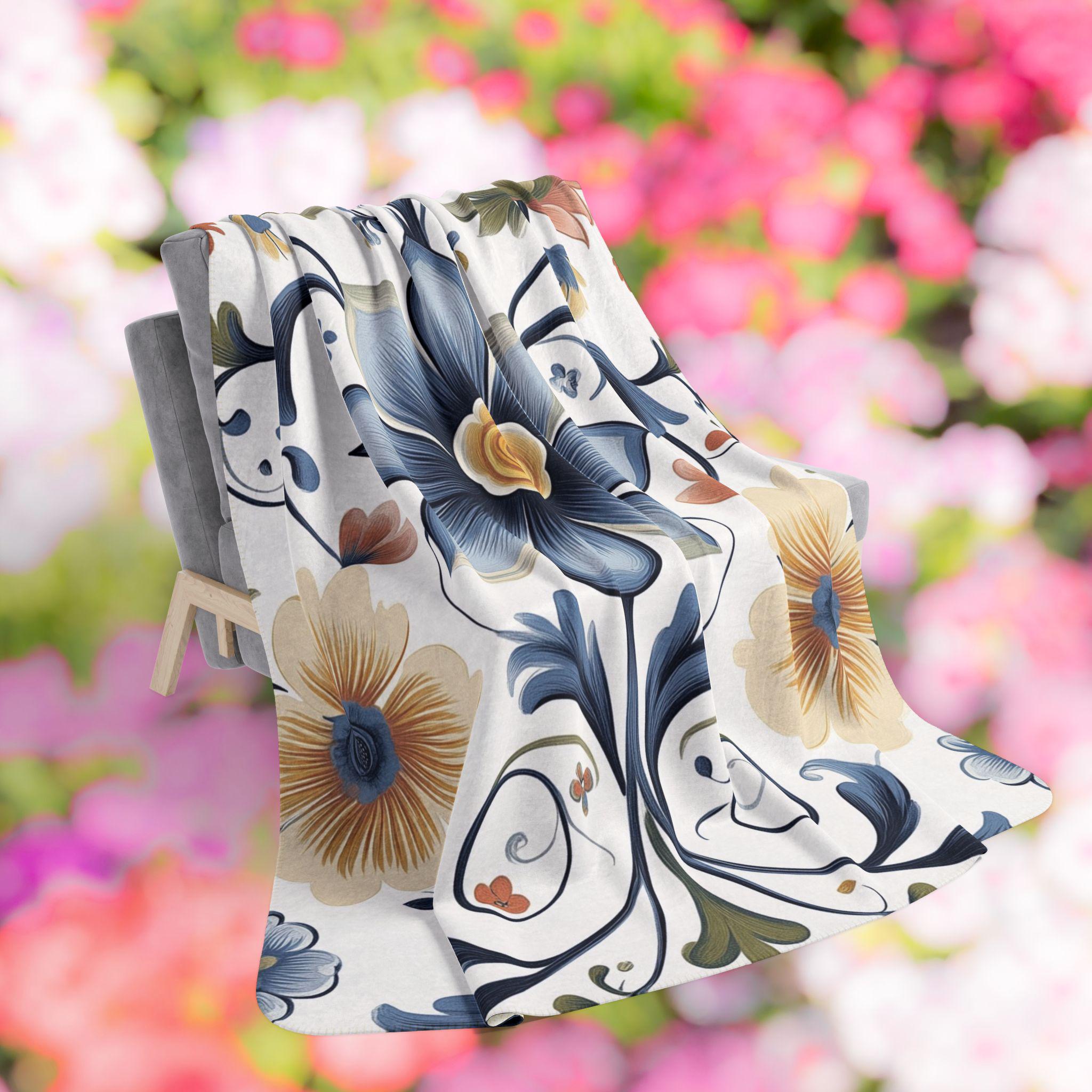 Scandinavian Rosemaling Sherpa Blanket Blue and Peach Tones Cozy