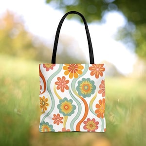 Retro floral wave Tote bag mid century modern design retro pastel tote bag flower tote 60s design aesthetic bag retro wave beach bag gift image 1