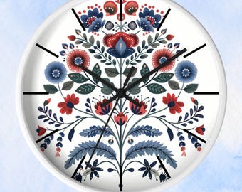 Scandinavian Floral Wall Clock folk art red white blue wall decor clock Nordic wall clock Scandinavian clock gift for new home minimalist