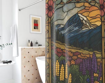 Cortina de ducha con estampado de vidrieras de montaña y flores silvestres, decoración de baño vibrante, regalo para el baño del nuevo hogar, estética cottagecore