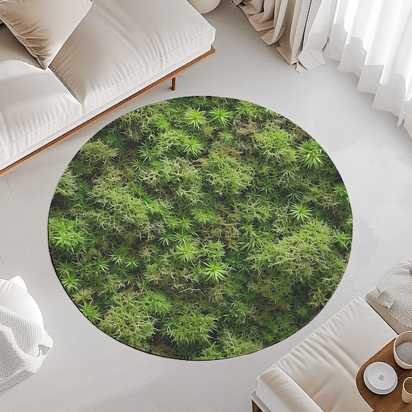 Üppiger grüner Waldmoos 5ft runder Teppich Lebendige Natur Bodenmatte Botanisches Dekor Öko-inspiriertes Design Weicher stilvoller Wohnkulturakzent