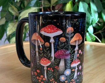 Coffee Mug 11 and 15oz Ceramic Wild Mushroom folk art coffee mug tea cup forestcore black background mushroom design earth tone coffee mug