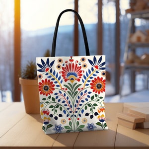 Vibrant Scandinavian Tote bag Nordic floral folk art tote bag Scandinavian art hygge design floral tote Danish red blue nordic art tote bag