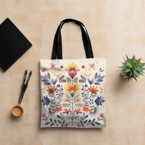 Scandinavian floral folk art tote bag Nordic folk design tote Danish hygge tote floral folk art tote bag flower Rosemale reusable bag gift