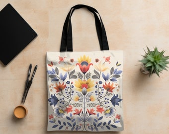 Scandinavian floral folk art tote bag Nordic folk design tote Danish hygge tote floral folk art tote bag flower Rosemale reusable bag gift