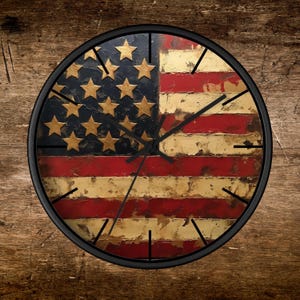 May include: A round wall clock with a distressed American flag design. The clock has black hands and a black frame.