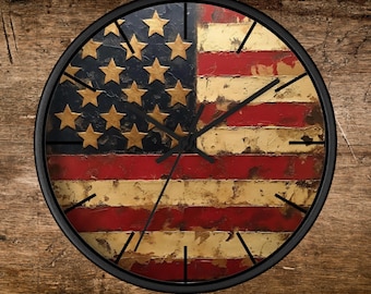 Horloge murale rustique drapeau américain, horloge murale patriotique Drapeau des États-Unis, cadeau de chasse, décoration murale patriotique, horloge de bureau pour homme des cavernes, décoration murale Old Glory