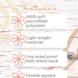 May include: A graphic illustration of a lightweight comforter with five features listed: 100% soft microfiber polyester, light weight material, one sided print with white back, double square quilting pattern, and vibrant, long-lasting colors.