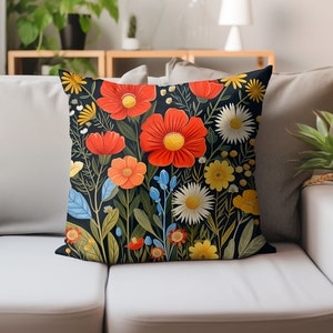 Square Pillow Scandinavian folk art floral Red black background accent pillow Bedroom Decor throw cafecore accent pillow living room pillow