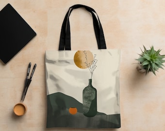 Japandi Tote bag natural essence beige green earth tone tote Japanese art tote wabi sabi natural colors tote plant vase Japandi tote gift