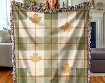 Cotton Plaid Throw Blanket: Sage Green, Maple Leaf Farmhouse Decor