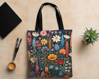 Skandinavische Wilde Blume Tragetasche Nordische Volkskunst Tragetasche Blumen 30er Jahre dänische Volkskunst Tragetasche Wilde Blumen wiederverwendbare Tasche Blumendekor
