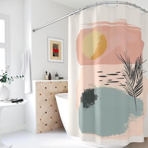 Mid Century Modern shower curtain Abstract pink blue bathroom decor bath curtain gift for her retro dorm stall curtain for new apartment