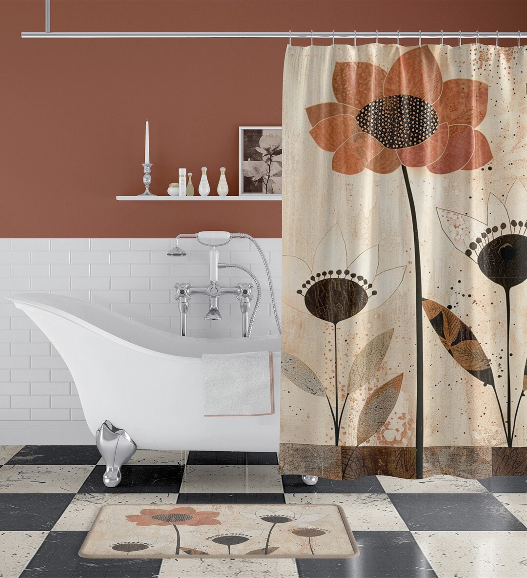 Japandi Art Shower Curtain Abstract Floral Beige Japandi Decor Bath