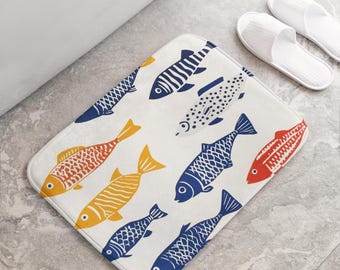 Alfombrilla de baño con diseño abstracto de peces, decoración de baño con estilo de pescador, alfombrilla de baño con influencia escandinava, alfombrilla de ducha con peces de colores, regalo para él, divertido baño