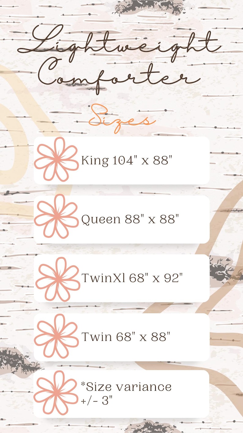 May include: A graphic showing the different sizes of lightweight comforters. The sizes are King (104" x 88"), Queen (88" x 88"), Twin XL (68" x 92"), and Twin (68" x 88"). The graphic also includes a note that there is a size variance of +/- 3 inches.