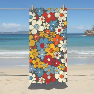 Red and Blue Floral Beach Towel 60&#39;s retro flower towel Abstract Floral Towel beach decor towel midcentury modern floral pool towel Gift for