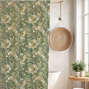 Green Floral Shower Curtain Victorian botanical abstract bathroom decor green beige bath curtain gift for her minimalist blanket earth tones