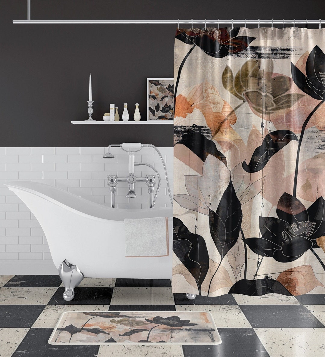 Japandi Art Shower Curtain Abstract Floral Japandi Decor Bath Curtain