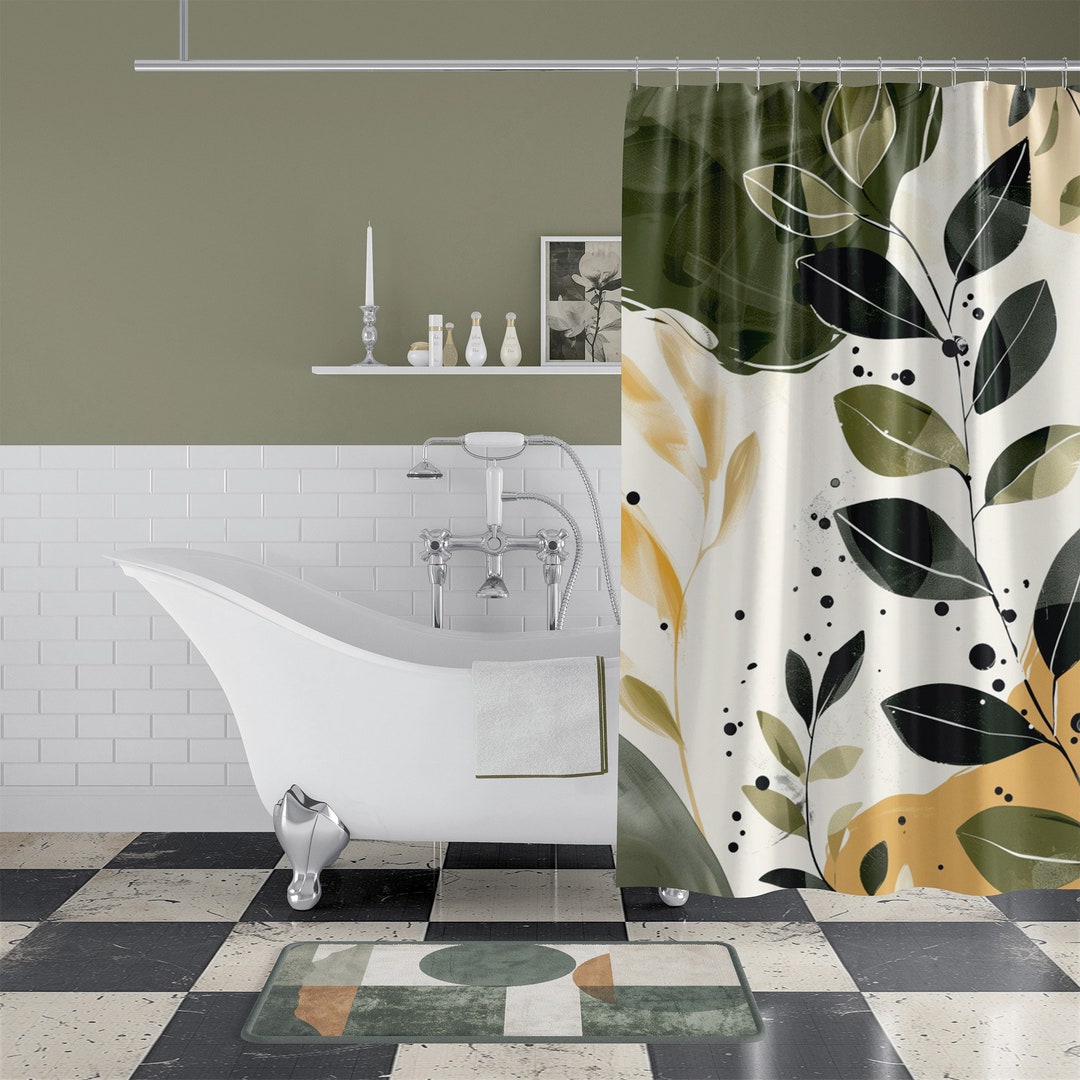 Japandi Art Shower Curtain Abstract Botanical Beige Japandi Decor Bath