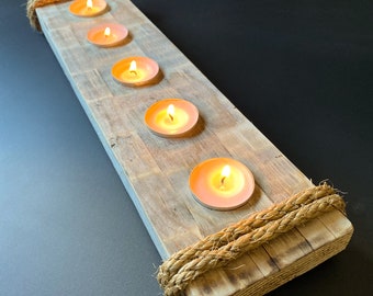 Handmade rustic wood candle holder reclaimed wood candle decor 5 tealight rustic wood centerpiece wedding decor candle holder wooden feature