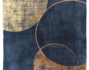 Könnte beinhalten: Abstraktes Kunstwerk mit goldenen und beigen Kreisen und Formen auf einem dunkelblauen, strukturierten Hintergrund. Das Design hat eine moderne, geometrische Anmutung mit einer Mischung aus organischen und strukturierten Elementen.