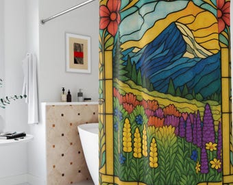 Cortina de ducha con flores silvestres, escena de vitrales de montaña, cortina de baño vibrante, decoración de baño, nuevo regalo para el baño, estética moderna bohemia