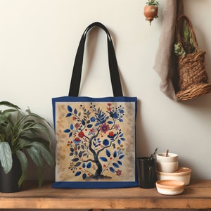 Scandinavian folk tree Tote bag cottage core art Japandi aesthetic tote Nordic tree folk art tote abstract Scandinavian tote blue beige tote