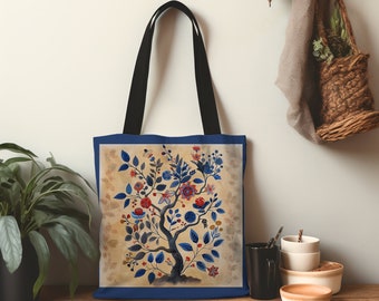 Scandinavian folk tree Tote bag cottage core art Japandi aesthetic tote Nordic tree folk art tote abstract Scandinavian tote blue beige tote