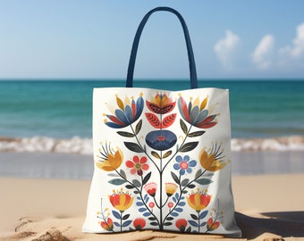 Skandinavische Rosemaling Volkskunst Einkaufstasche Norwegische Folk Design Tragetasche Danish hygge Tasche florale Volkskunst Schwedische Rosemale wiederverwendbare Tasche