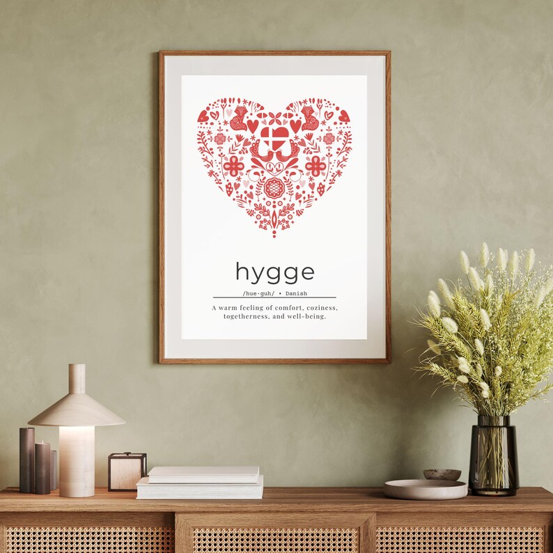 Scandinavian Vertical Print Matte Red and White Heart With Hygge
