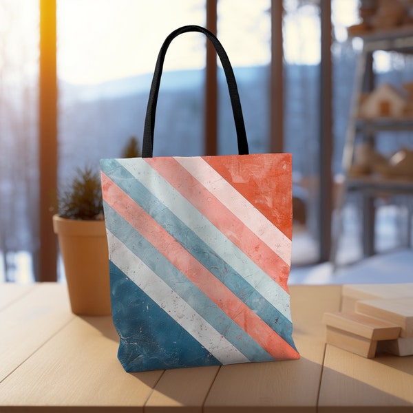 Abstract Stripe Tote Bag blue pink striped tote bag mid century modern art tote bag pastel coral pink gift for her tote bag abstract art bag