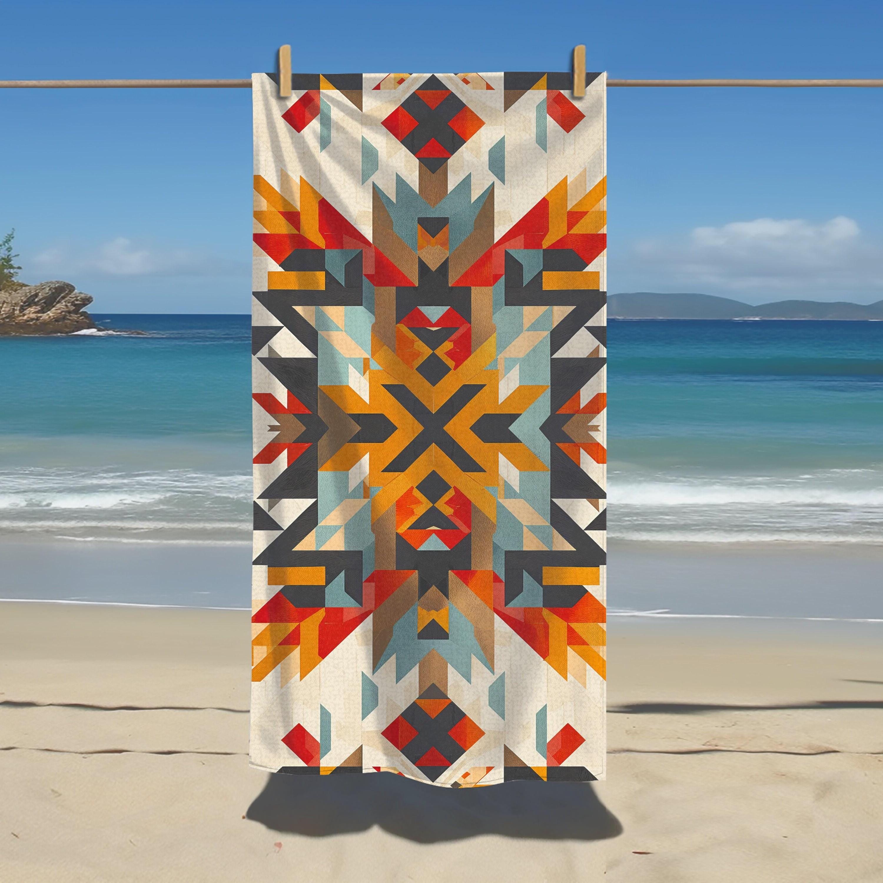 Southwestern Beach Towel Orange and Jade Aztec bath towel modern western blue beach towel Native American art beach accessory Navajo design