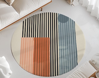 Round Rug abstract striped area rug orange abstract area rug living room rug black stripe entry way rug mid century mod Home Decor rug gift