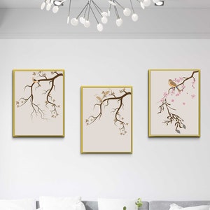 Japanese Art Print ,Gallery Wall Set ,Japanese Bird Art , Set Of 3 Pieces, Neutral Wall Art , Japanese Wall Art  ,black and white