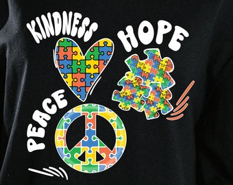 Autism Love Kindness Hope Svg, Autism Awareness Svg Png, Puzzle Piece Ribbon Svg Cricut Cut File Sublimation Design