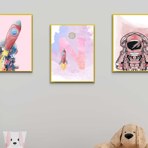 Space Nursery Prints, Outer Space Printable Wall Art Set of 3 for Nursery Decor, space suit,space travel, Solar system and custom name print