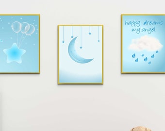 Navy Nursery Decor, Cloud and Stars, Moon and Stars, Navy Gold Nursery ...