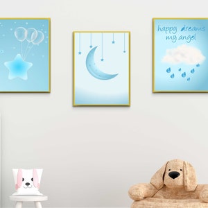 nursery decor, cloud and stars, moon and stars, gold nursery art. baby room wall art, boy nursery decor, set of 3, nursery art