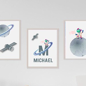 Space Nursery Prints, Outer Space Printable Wall Art Set of 3 for Nursery Decor, space suit,space travel, Solar system and custom name print