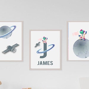 Space Nursery Prints, Outer Space Printable Wall Art Set of 3 for Nursery Decor, space suit,space travel, Solar system and custom name print
