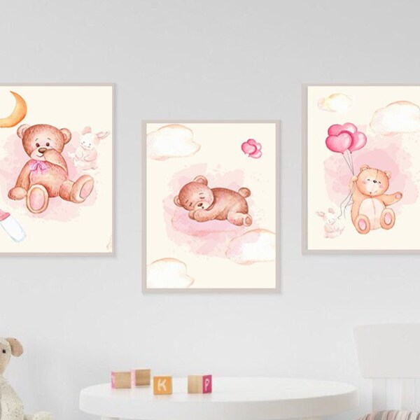 Nursery decor elephant, baby room decor girl, nursery wall art Panda Bear, pink gray, nursery prints Panda Bear, unicorn twinkle little star