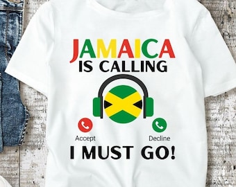 May include: White t-shirt with the text "Jamaica is calling I must go!" in black. A green, yellow, and black circle with a phone icon and the Jamaican flag inside is above the text. The text "Accept" and "Decline" are below the circle with phone icons.