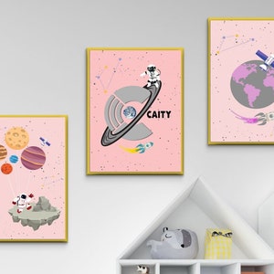 Space Nursery Prints, Outer Space Printable Wall Art Set of 3 for Nursery Decor, space suit,space travel, Solar system and custom name print