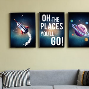 Space Nursery Prints, Outer Space Printable Wall Art Set of 3 for Nursery Decor, space suit,space travel, Solar system and custom name print