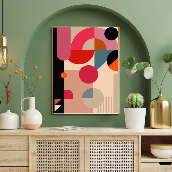 Retro Geometric Wall Art -Mid-Century Modern Art- Retro Geometric Wall Art-Framed Canvas Print - Modern Abstract Painting-Bold Bright Colors