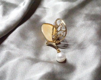 Golden Butterfly Wing Brooch with Natural Freshwater Pearl and Chromatic Shell | Handmade | Elegant Vintage Aesthetic