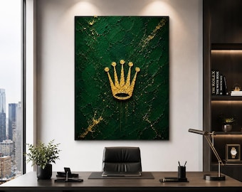 Getextureerde gouden kroon smaragdgroene canvaskunst, decor uitvoerend kantoor